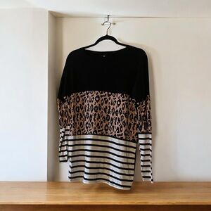 Leopard Print and Striped Women's Top - Black, Leopard, and White